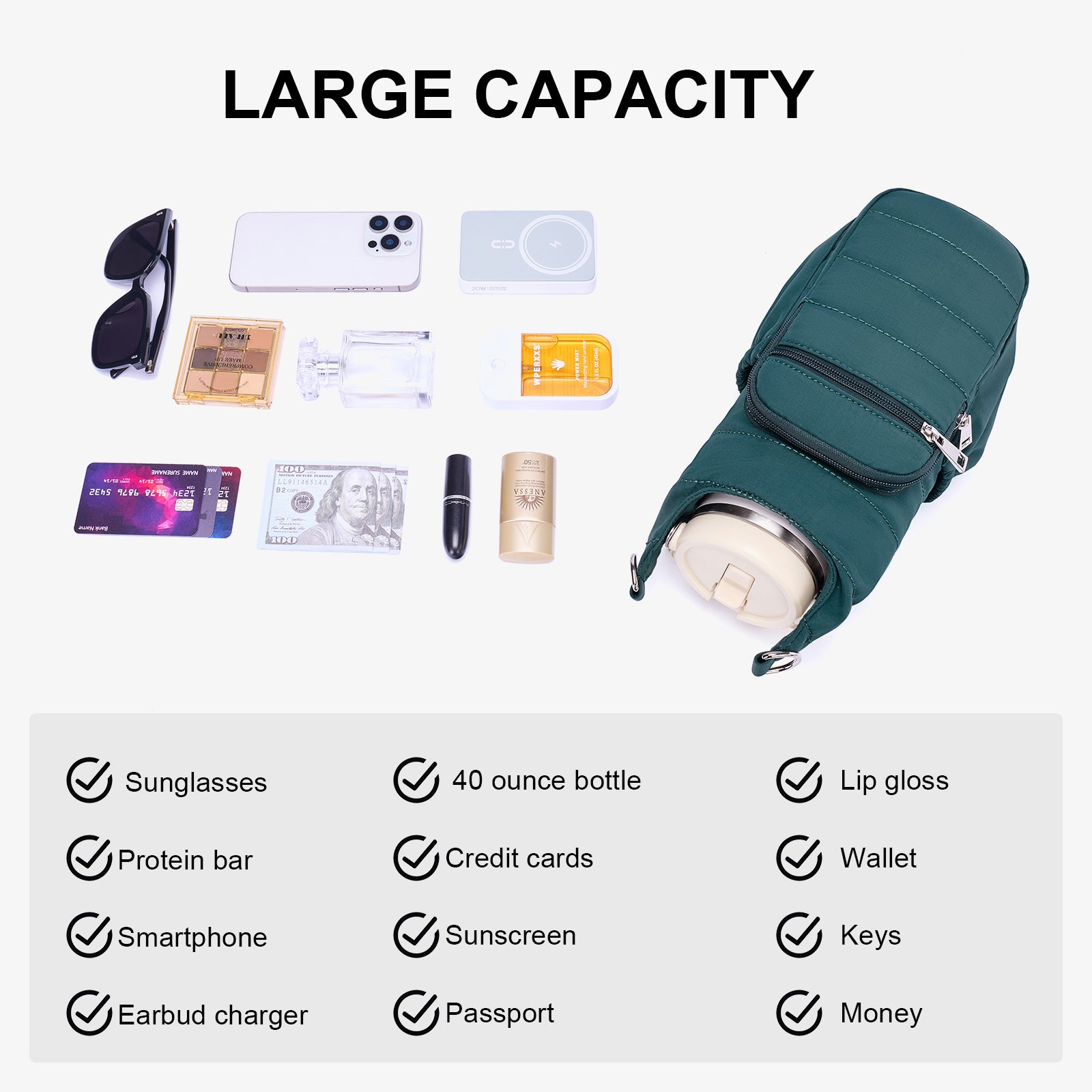 Green water bottle bag details | color:Green