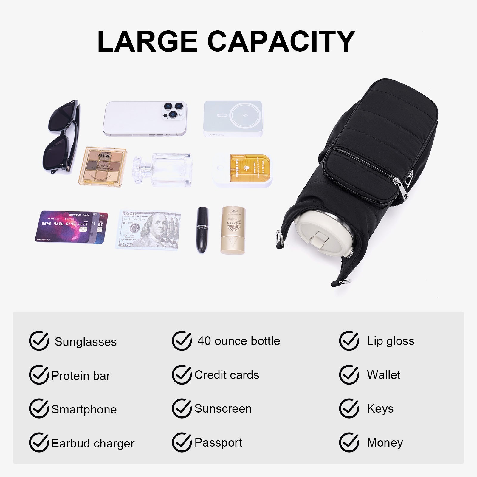 Black water bottle bag details | color:Black