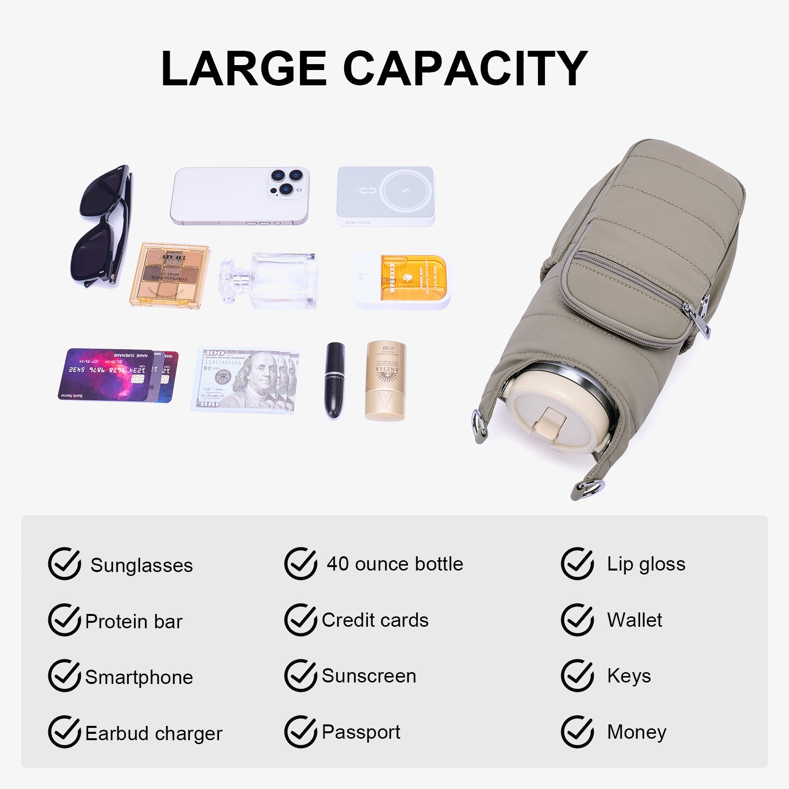Grey water bottle bag details | color:Grey