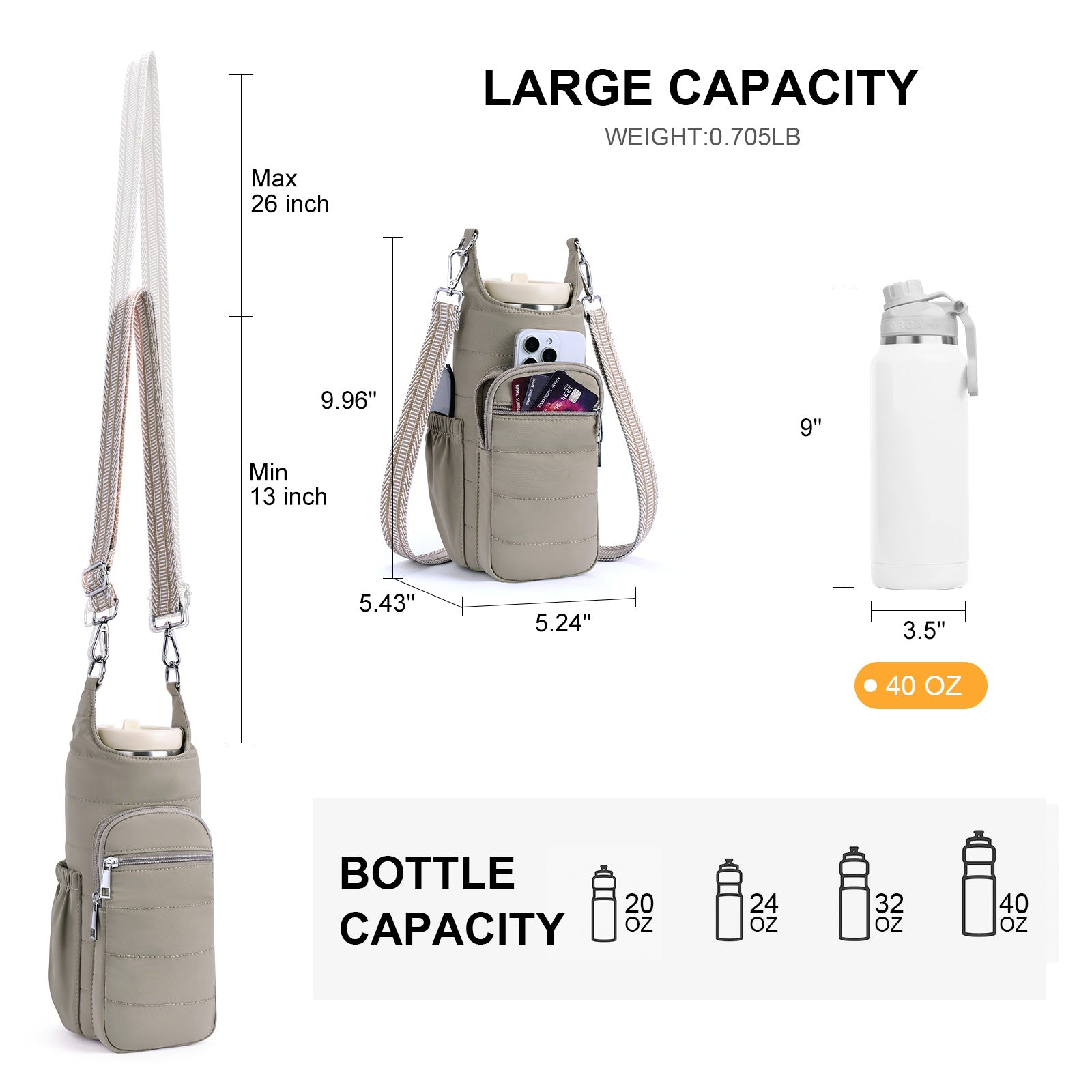 Grey water bottle bag details | color:Grey
