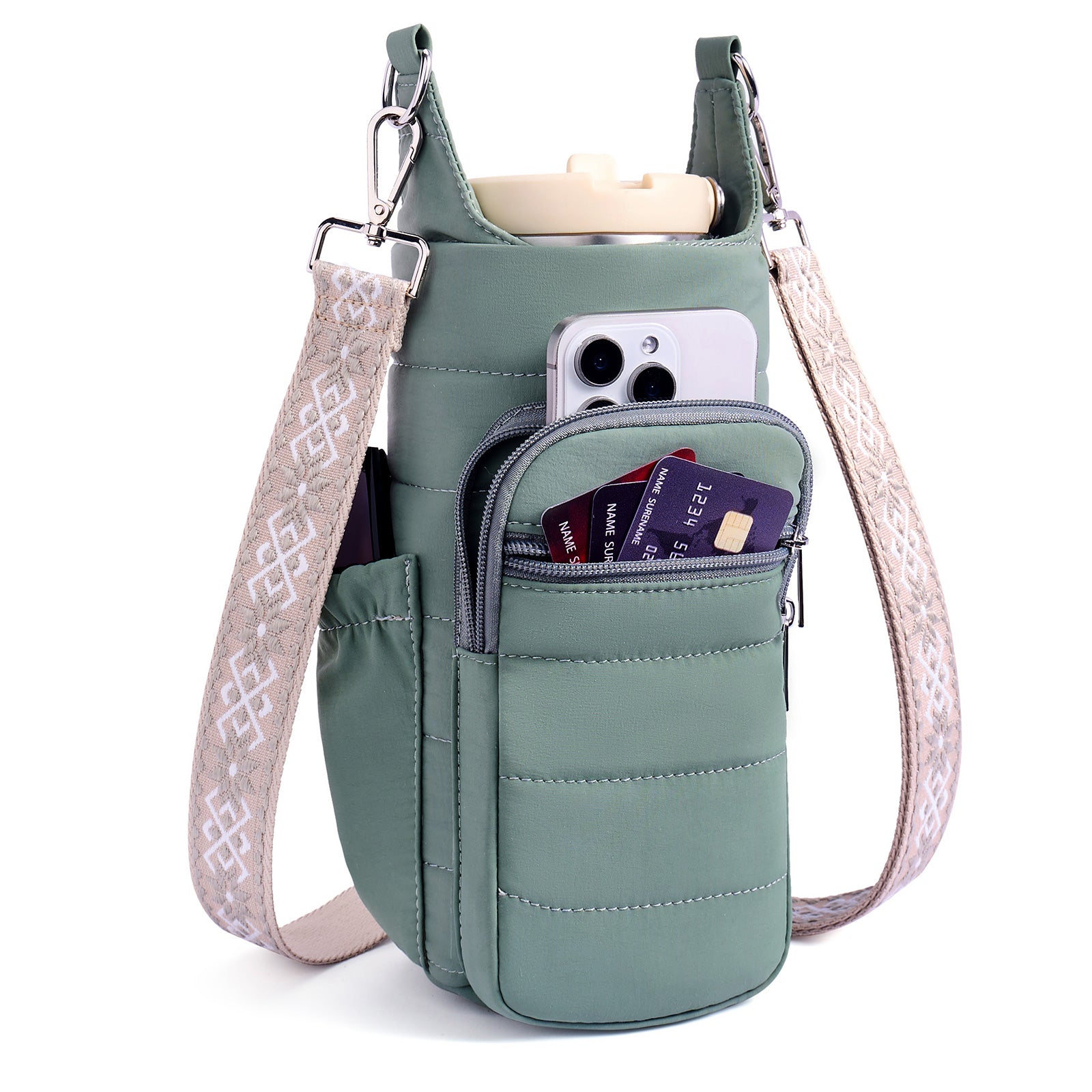 Green water bottle bag details | color:Green